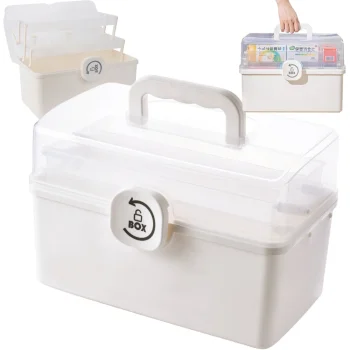 Folding Medicine Organizer and First Aid Box with Handle, White