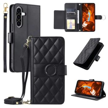 Samsung Galaxy A37 5G Leather Wallet Case with Stand and Shoulder Strap, Black
