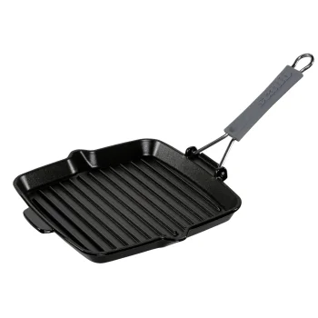 Staub Cast Iron Square Grill Pan 24 x 24 cm, Induction, Folding Handle, Black