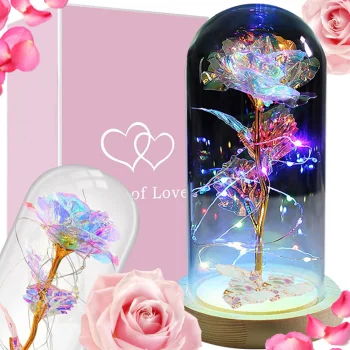 Eternal Rose in Glass Dome with LED Light and Wooden Base
