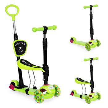 ECOTOYS 3-in-1 Kids Scooter with Seat and Light-Up LED Wheels, Green