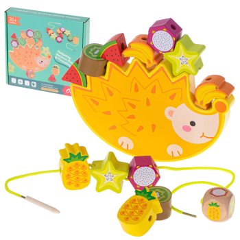 Wooden Balancing Game and Lacing Toy Hedgehog with Fruits