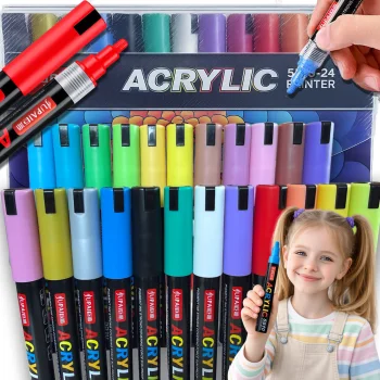 Akrilinių markerių rinkinys 24 vnt., vandeniui atsparūs dažų flomasteriai 4 mm