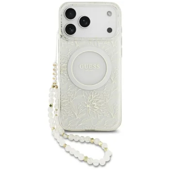 Guess IML Flowers Allover MagSafe Case for iPhone 18 Pro Max / 17 Pro Max with Pearl Strap, White