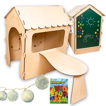 Kids Indoor Outdoor Garden Wooden Play House with Table and Chalk Board, 86x137x105 cm