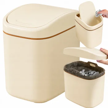 Mini Desktop Trash Can with Swing Lid, 2L, Cream