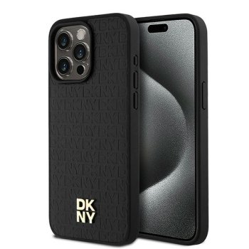 Apple iPhone 15 Pro Max 6.7'' DKNY Leather Monogram Pattern Metal Logo MagSafe Case Cover, Black