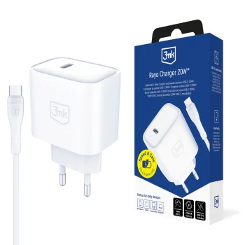 3mk Rayo 20W USB-C PD3.0 Wall Charger with 60W Cable - White