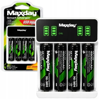 Maxday AA/AAA Battery Charger with LCD Display + 4 AA Batteries, White