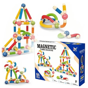 Magnetic Building Blocks with Flexible Tubes 64 Pcs