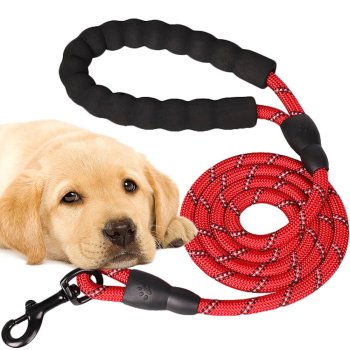 Heavy Duty Reflective Rope Dog Leash with Padded Handle, Red