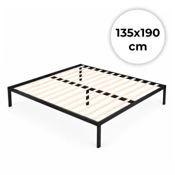 ModernHome Metal Bed Frame 135x190 cm with Wooden Slats Base, Black