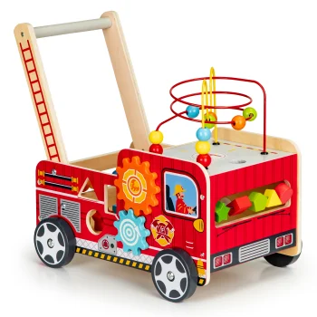 Ecotoys TL09025 Wooden Educational Push Walker Fire Engine with Blocks
