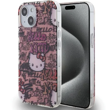 Hello Kitty iPhone 15 Case IML Tags Graffiti, Pink