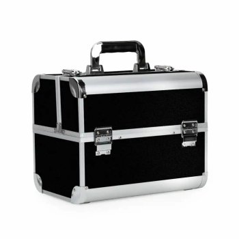Professional Makeup Train Case with 4 Trays, Black and Silver