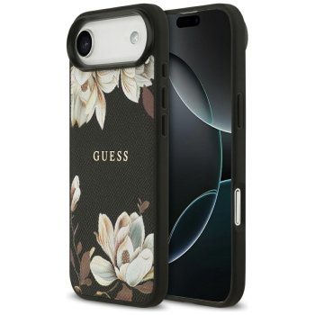 Guess Grained Flowers Classic Logo MagSafe Case for iPhone Air, Black