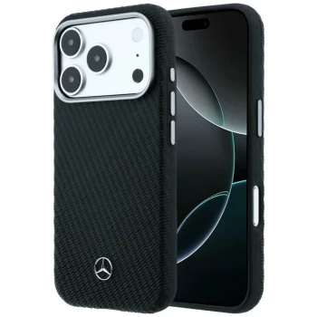 Mercedes Leather Semi Wrap Wood Effect MagSafe Case for iPhone 17 Pro Max, Black