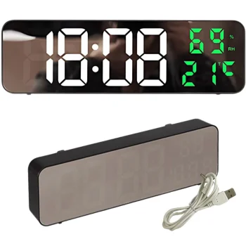 Digital Electronic LED Alarm Clock with Thermometer, Mirror Surface & USB
