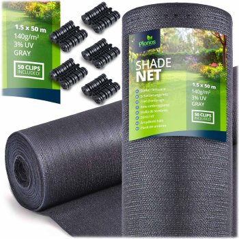 Plonos Premium Shade Net 1.5x50m 140g/m² with 50 Clips - Gray Garden Privacy Screen