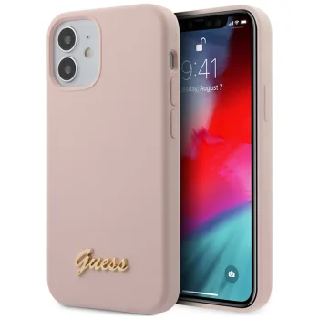 Guess iPhone 12 mini Case Silicone Script Gold Logo, Light Pink