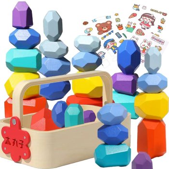 Montessori Wooden Balancing Stones Stacking Toy in a Basket