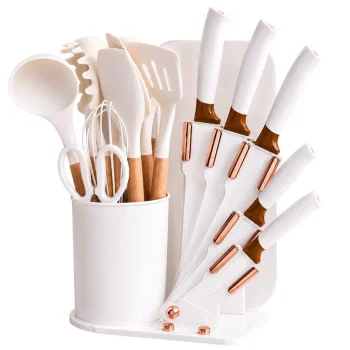 Silicone Kitchen Utensils and Knife Set with Stand, 19 Pieces, White