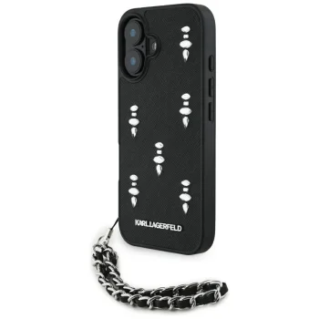 Karl Lagerfeld Saffiano Crystals w/Chain Case for iPhone 16, Black