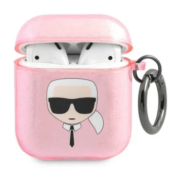 Karl Lagerfeld KLA2UKHGP dėklas AirPods 1/2, Karl`s Head Glitter, rožinis