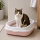 Open Cat Litter Box with Rim and Scoop, 45 x 34 x 12 cm, Pink