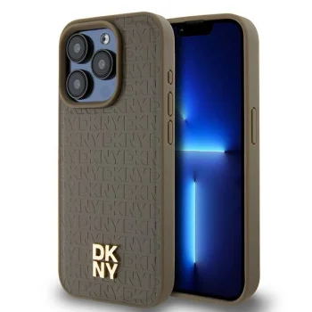 DKNY iPhone 14 Pro Max Case Leather Pattern Metal Logo MagSafe, Brown
