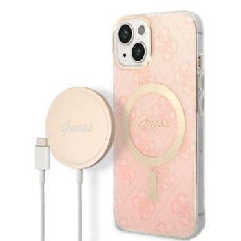 Apple iPhone 14 6.1" Guess 4G Print MagSafe Case Cover (GUBPP14SH4EACSP) + Charger, Pink