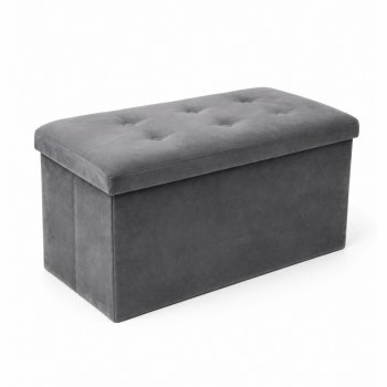 Foldable Velour Pouf with Storage Box, Dark Grey