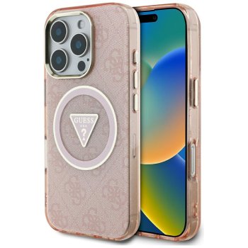 Guess IML Metal Glitter 4G Circle Triangle MagSafe Case for iPhone 16 Pro, Pink