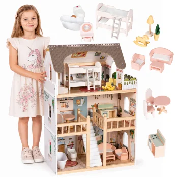 Ecotoys Laura Wooden Dollhouse with 3 Floors and 15 Furniture Pieces