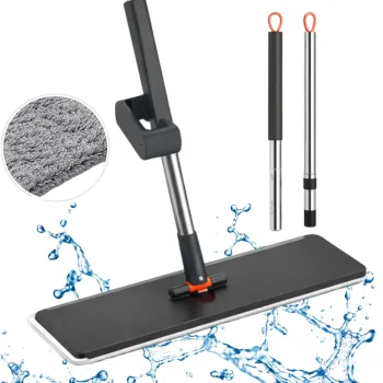 Flat Microfiber Floor Mop with Telescopic Handle and Rotating Head, Grey