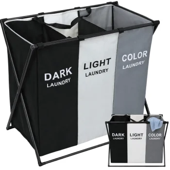 Freestanding 3-Compartment Laundry Basket Organizer 135 L, Foldable, Black/White/Grey