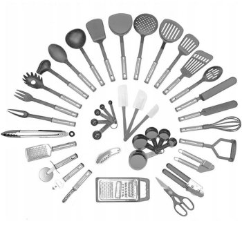 Kitchen Utensil Set, 40 Pieces, Stainless Steel and Nylon, Grey-Silver