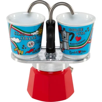 Bialetti Mini Express Ciao Italia Moka Pot Espresso Maker Set with 2 Cups, Red / Silver