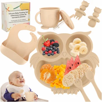 Kids Silicone Tableware Set Owl, 8 Pieces, Beige