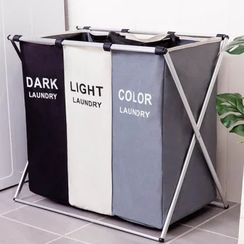 3-Compartment Laundry Basket 135L, Black/Grey/White