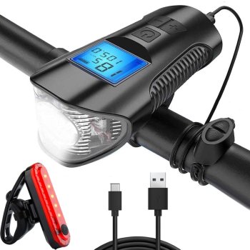 Front and Rear LED Bicycle Light with Odometer and Loud Horn 3 in 1