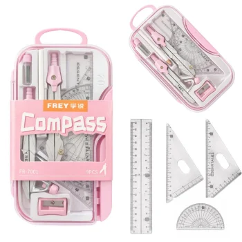 Geometry Drawing Set with Compasses, Ruler and Case, 9 Pieces, Pink
