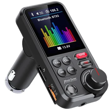 Bluetooth 5.0 FM Transmitter with Hands-Free, USB QC, TF, Bass, LCD, 12-24V, Black