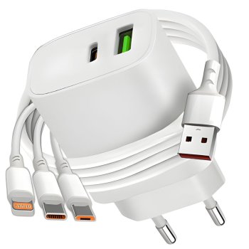 Fast Wall Charger 20W USB/USB-C with 3-in-1 Cable, White