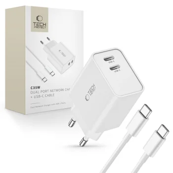 Tech-Protect C35W 2x USB-C PD 35W Charger with USB-C Cable - White