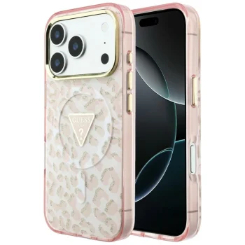 Guess IML Leopard Glitter Triangle Logo MagSafe Case for iPhone 17/18 Pro Max - Pink