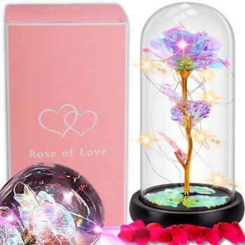 Eternal Rose in Glass Dome with LED Lights, Gift for Her, Gold