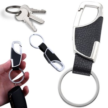 Metal and Faux Leather Keychain with Carabiner Clip, Silver, Black