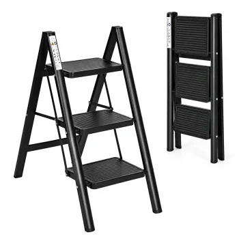 Folding 3-Step Steel Ladder with Safety Lock ModernHome, Black