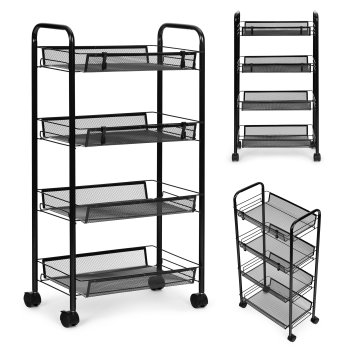ModernHome 4-Tier Metal Utility Cart, Rolling Storage Trolley for Kitchen & Bathroom, Black